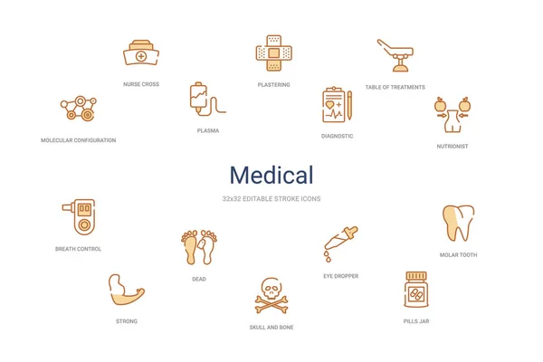 Medical concept 14 colorful outline icons. 2 color blue stroke i — 스톡 벡터