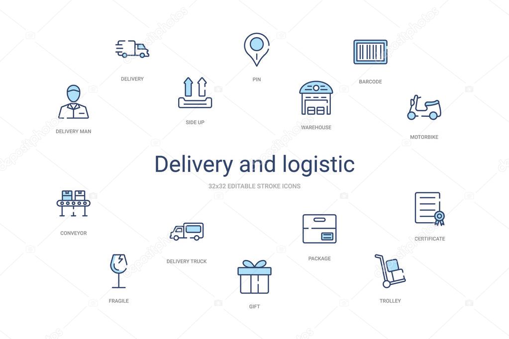 delivery and logistic concept 14 colorful outline icons. 2 color