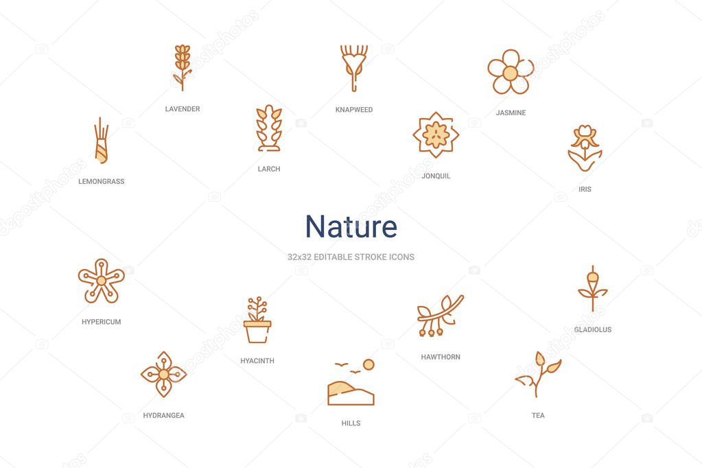 nature concept 14 colorful outline icons. 2 color blue stroke ic