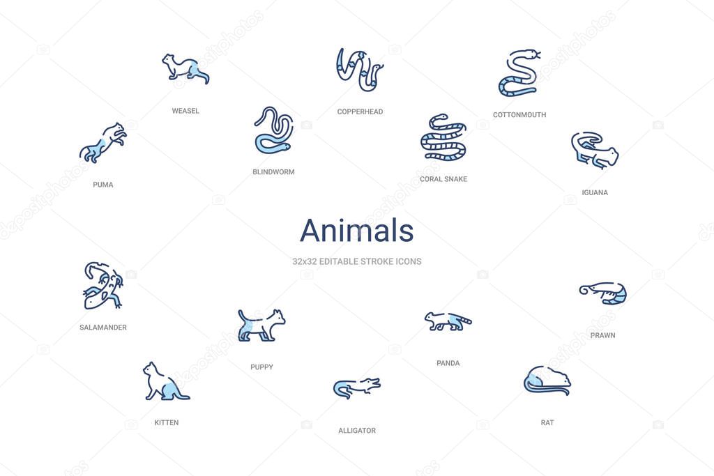 animals concept 14 colorful outline icons. 2 color blue stroke i