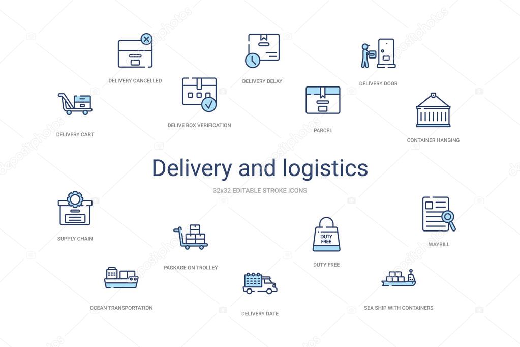 delivery and logistics concept 14 colorful outline icons. 2 colo
