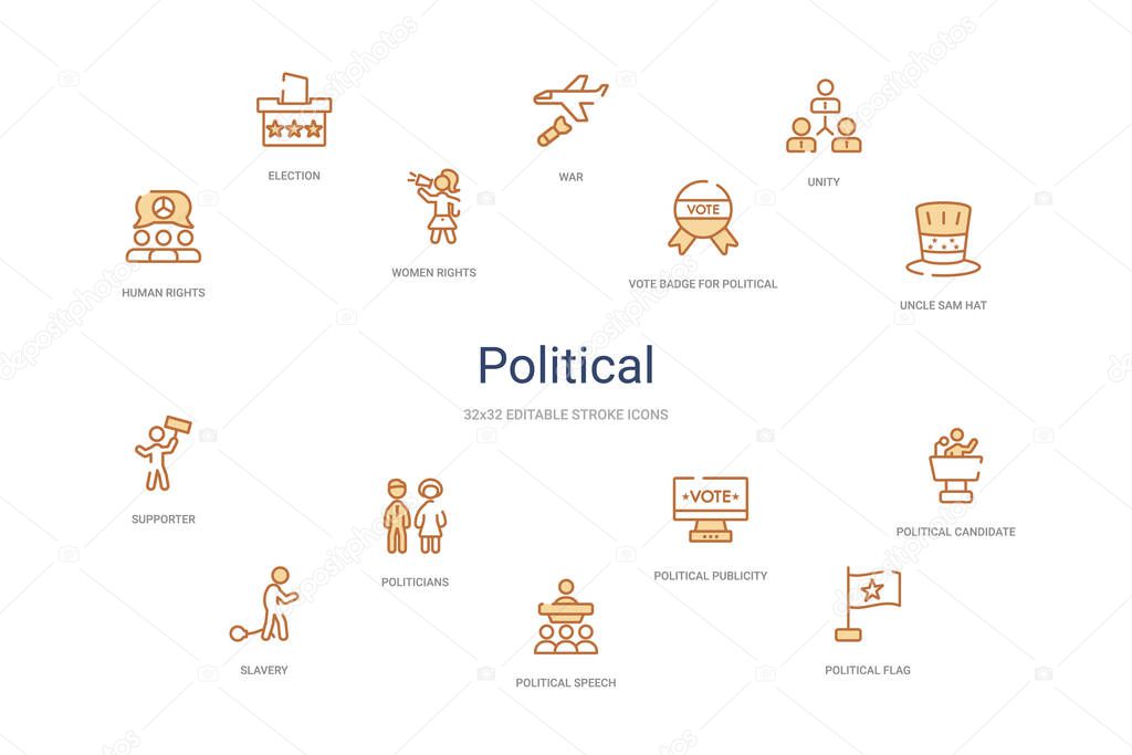 Political concept 14 colorful outline icons. 2 color blue stroke icons