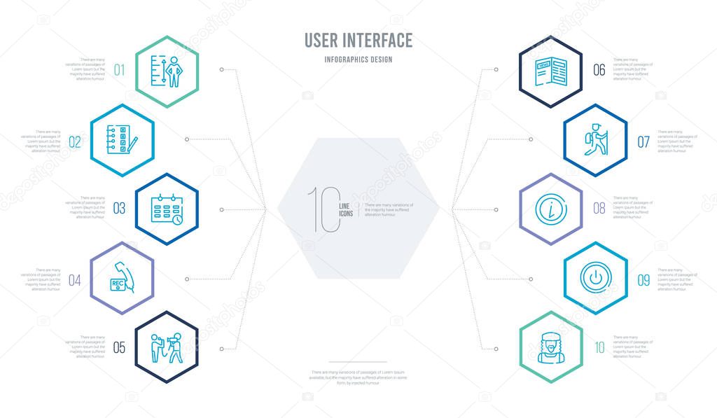 User interface concept business infographic design with 10 hexagon options. outline icons such as jamaican, turn off, information, tracking, newspaper folded, recording conversation
