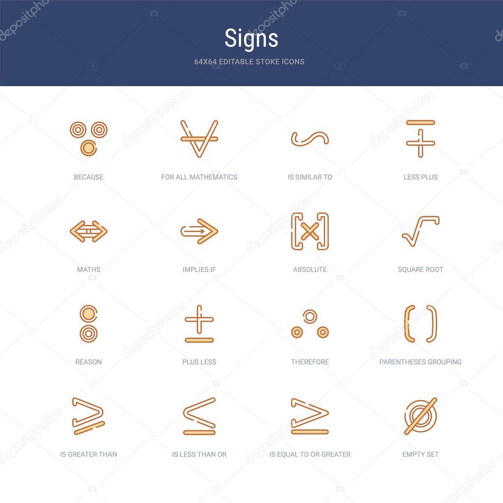 set of 16 vector stroke icons such as empty set, is equal to or 