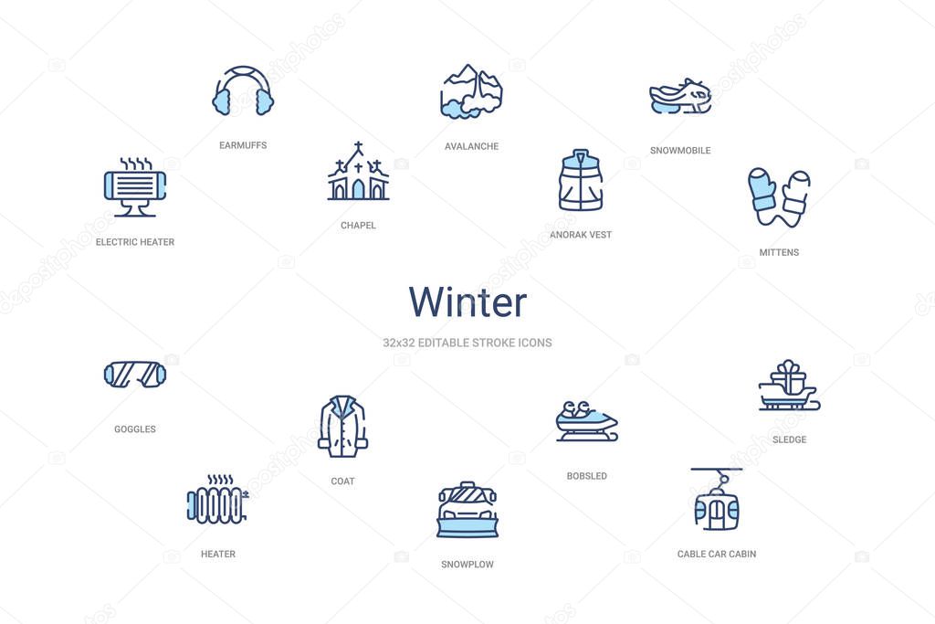 winter concept 14 colorful outline icons. 2 color blue stroke ic