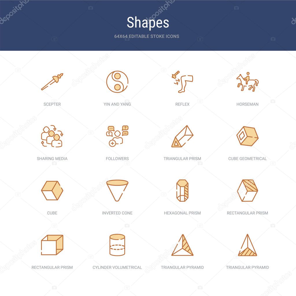 set of 16 vector stroke icons such as triangular pyramid from to