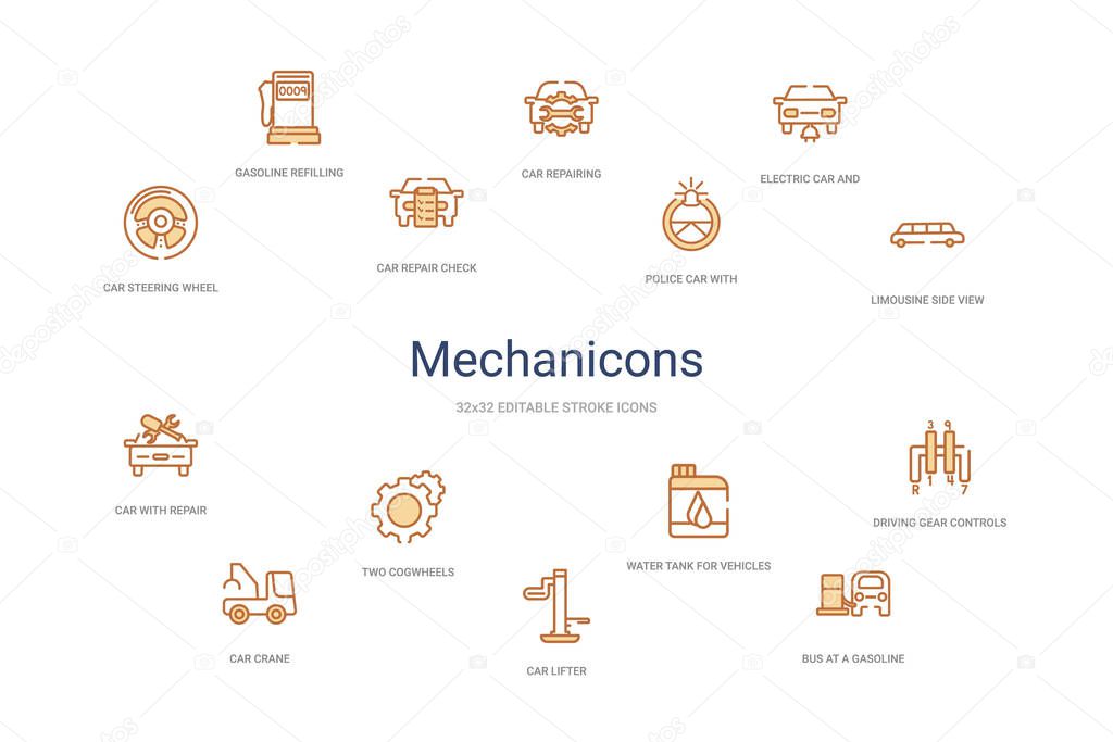 mechanicons concept 14 colorful outline icons. 2 color blue stro