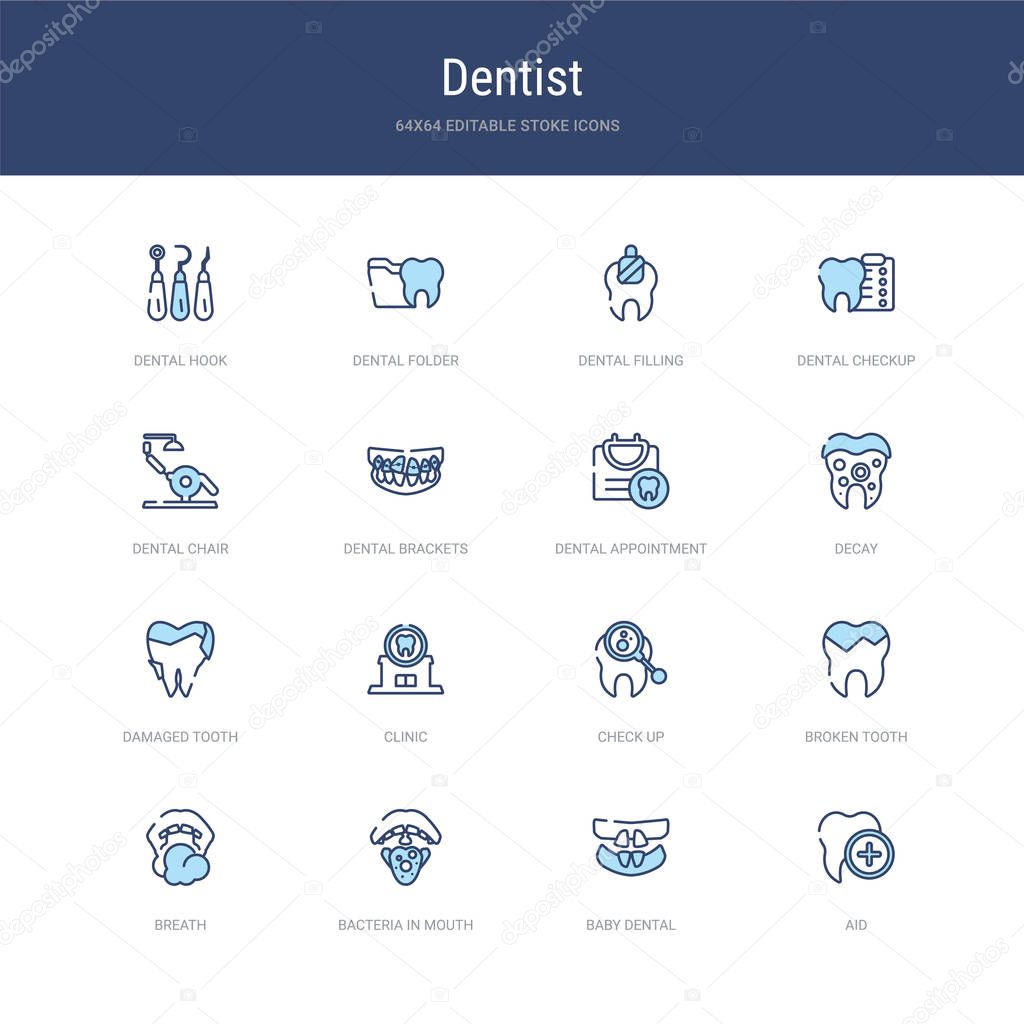 set of 16 vector stroke icons such as aid, baby dental, bacteria