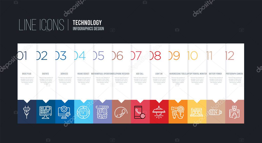 infographic design with 12 options. stroke line icons such as te