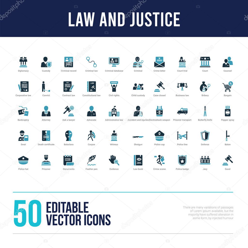 50 law and justice concept filled icons