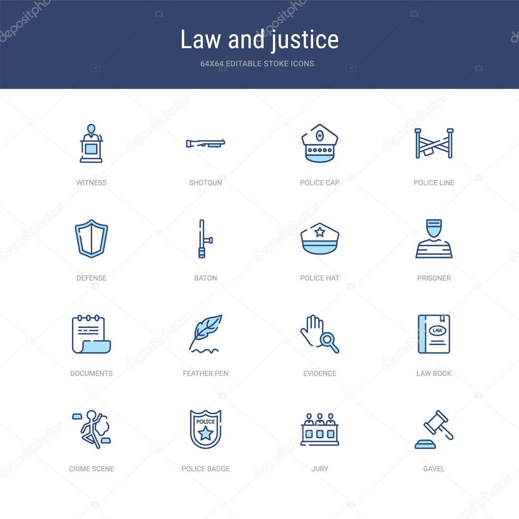 set of 16 vector stroke icons such as gavel, jury, police badge,
