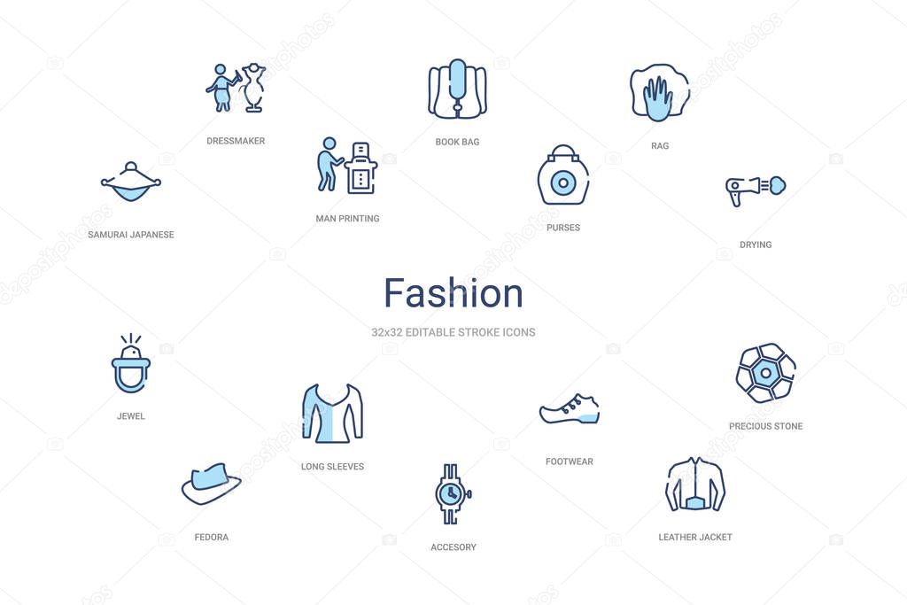 fashion concept 14 colorful outline icons. 2 color blue stroke i