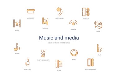 müzik ve medya konsepti 14 renkli taslak simgeleri. 2 renk mavi 