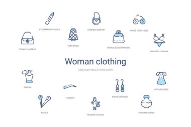 Kadın giyimi konsepti 14 renkli taslak simgeleri. 2 renk mavi s