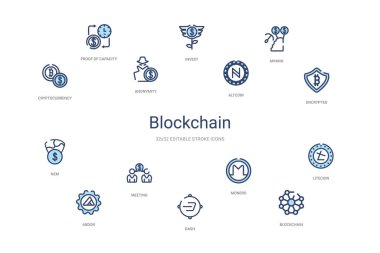 blok zinciri konsepti 14 renkli taslak simgeleri. 2 renk mavi vuruş