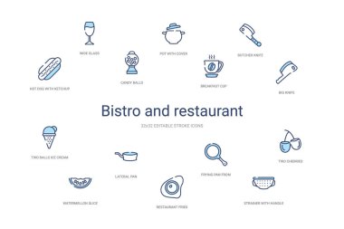 Bistro ve restoran konsepti 14 renkli taslak simgesi. 2 renk