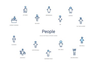 İnsanlar konsept 14 renkli taslak simgeleri. 2 renk mavi kulaç