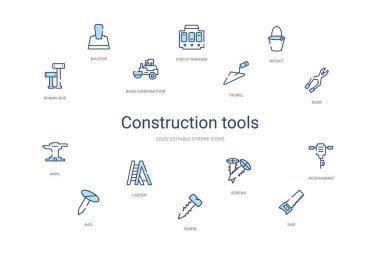 İnşaat araçları konsepti 14 renkli taslak simgeleri. 2 renk bl