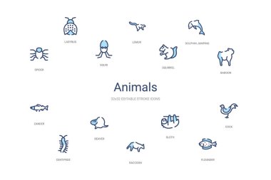 Hayvanlar konsepti 14 renkli taslak simgeleri. 2 renk mavi vuruş!