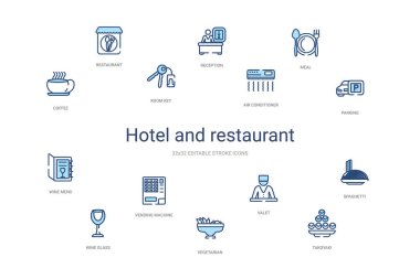 Otel ve restoran konsepti 14 renkli taslak simgesi. 2 renk 
