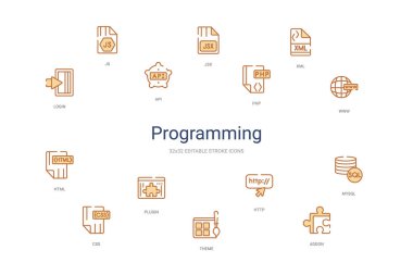 Programlama konsepti 14 renkli taslak simgeleri. 2 renk mavi stro
