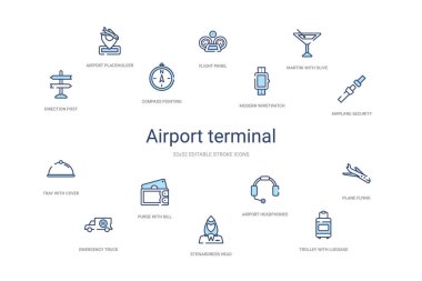 Havaalanı terminali kavramı 14 renkli taslak simgeleri. 2 renk mavi