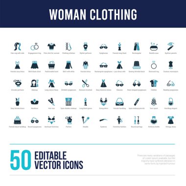 50 woman clothing concept filled icons clipart