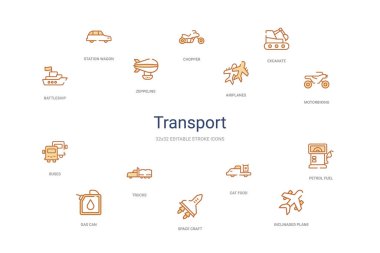 Taşıma konsepti 14 renkli taslak simgeleri. 2 renk mavi vuruş