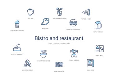 Bistro ve restoran konsepti 14 renkli taslak simgesi. 2 renk
