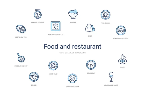 Концепція їжі та ресторану 14 барвистих контурних значків. 2 кольори b — стоковий вектор