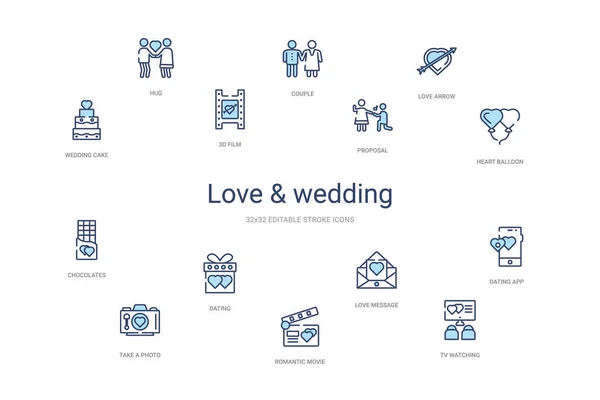 Amor & concepto de la boda 14 iconos de contorno de colores. 2 color azul s — Vector de stock