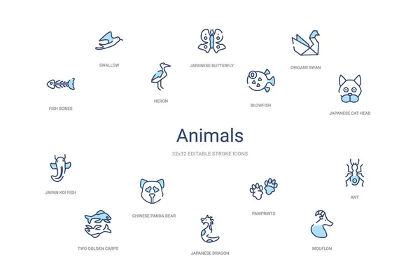 Ζώα έννοια 14 πολύχρωμα εικονίδια περίγραμμα. 2 χρώμα μπλε εγκεφαλικό επεισόδιο i — Διανυσματικό Αρχείο