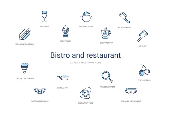 Concepto de restaurante y bistró 14 iconos de contorno de colores. 2 colores — Vector de stock