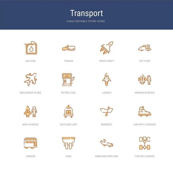 Satz von 16 Vektor-Stroke-Symbolen wie Auto mit Chassis, — Stockvektor