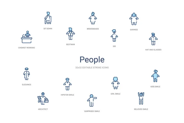 People concept 14 colorful outline icons. 2 color blue stroke ic — 스톡 벡터