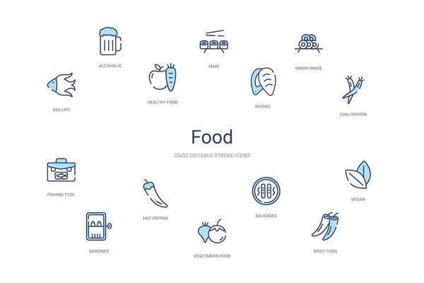 Conceito de comida 14 ícones esboço colorido. ícone de curso azul de 2 cores — Vetor de Stock