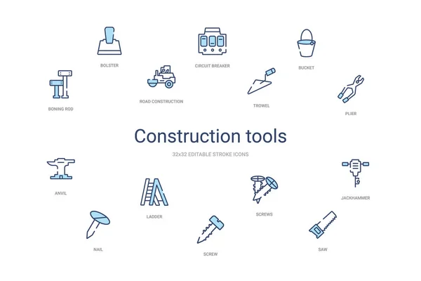 Construction tools concept 14 colorful outline icons. 2 color bl — ストックベクタ