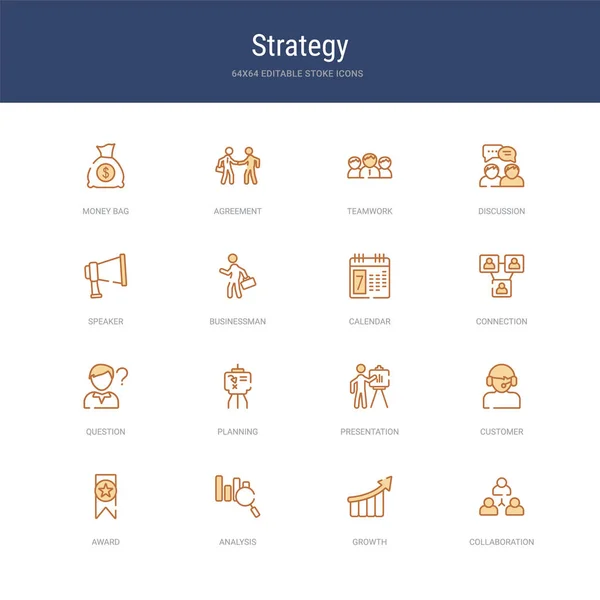 Set of 16 vector stroke icons such as collaboration, growth, ana — 스톡 벡터