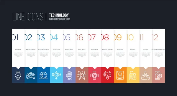 Infografik-Design mit 12 Optionen. Strichlinien-Symbole wie ro — Stockvektor