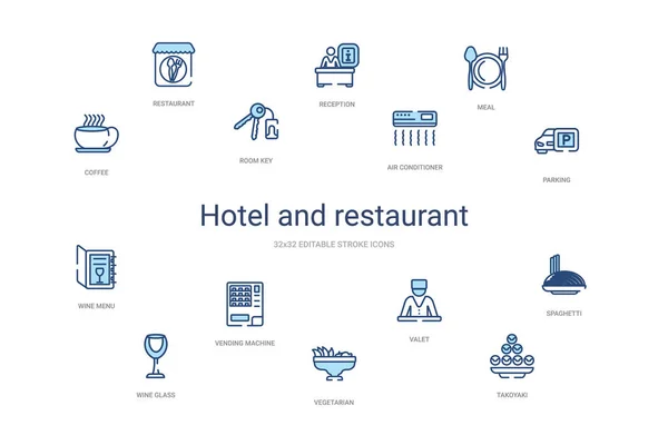 Concepto de hotel y restaurante 14 iconos de contorno de colores. 2 colores — Vector de stock