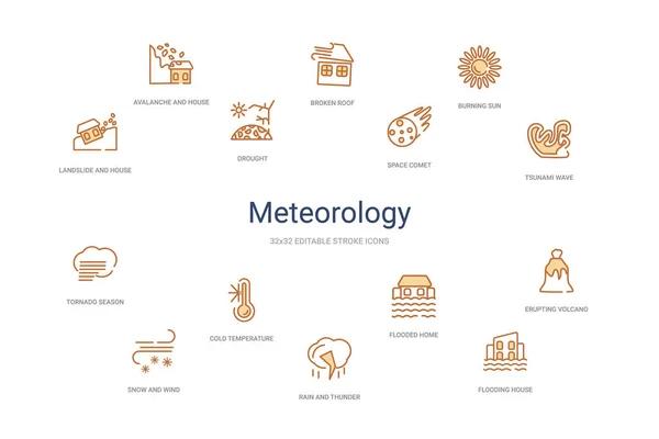 Concepto de meteorología 14 iconos de contorno de colores. 2 color azul stro — Archivo Imágenes Vectoriales