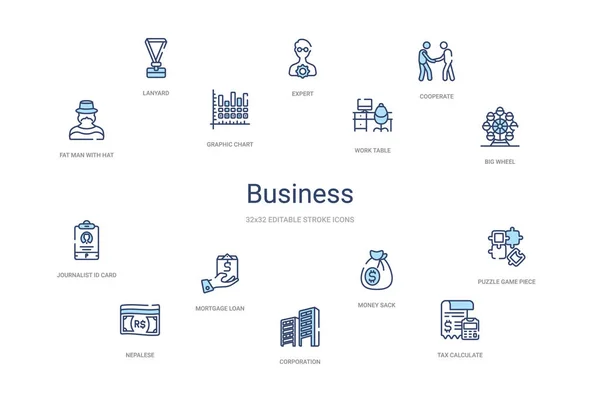 Business concept 14 colorful outline icons. 2 color blue stroke — 스톡 벡터