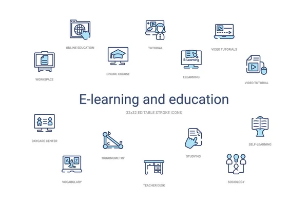 E-learning and education concept 14 colorful outline icons. 2 co — 스톡 벡터