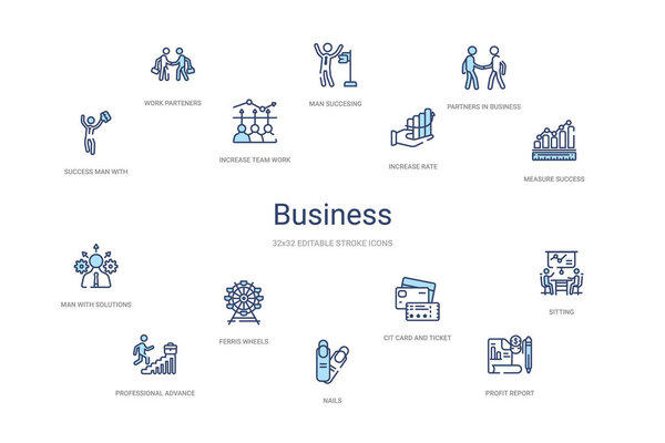 business concept 14 colorful outline icons. 2 color blue stroke 