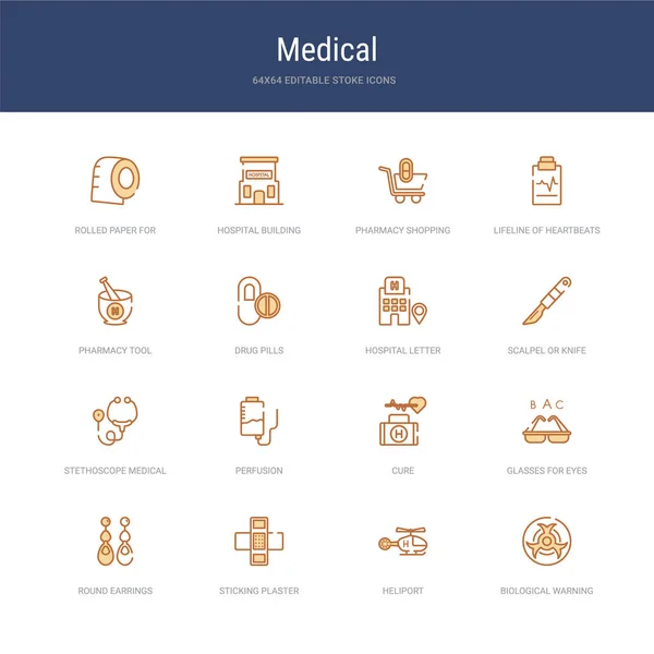 Set of 16 vector stroke icons such as biological warning, helipo — 스톡 벡터