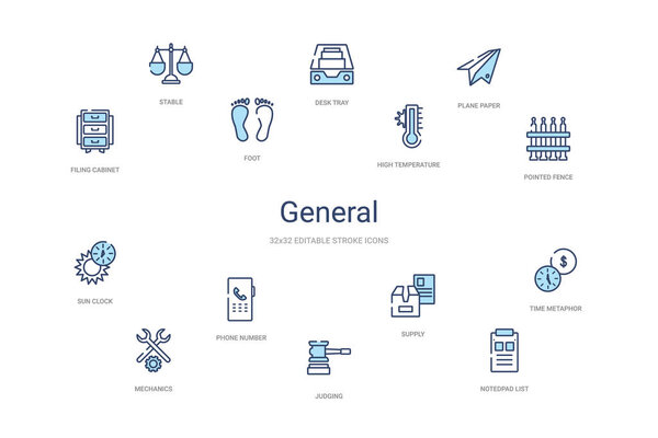 general concept 14 colorful outline icons. 2 color blue stroke i