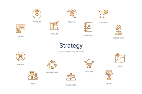 Strategy concept 14 colorful outline icons. 2 color blue stroke — 스톡 벡터