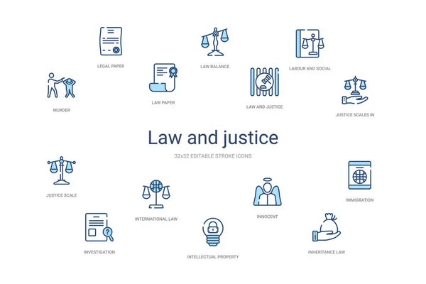 法律と正義の概念14のカラフルなアウトラインアイコン。2色青 — ストックベクタ
