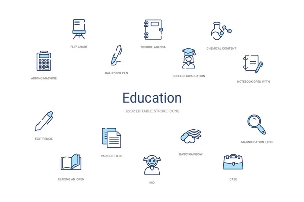 Освітня концепція 14 барвистих контурів піктограм. 2 кольоровий синій хід — стоковий вектор
