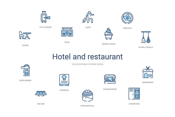 Hotel and restaurant concept 14 colorful outline icons. 2 color — 스톡 벡터